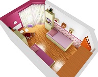 3D návrh interiéru dětského pokoje pro holčičky, úhel 2