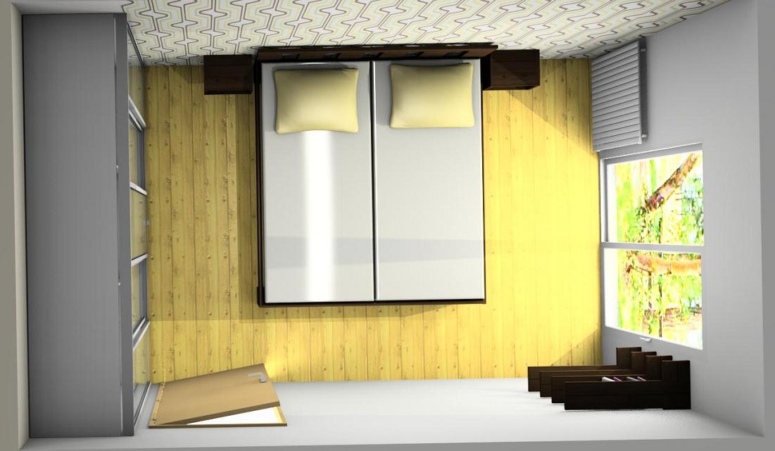 3D návrh interiéru ložnice s postelí seshora