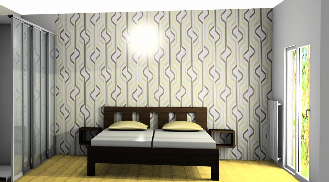 3D návrh interiéru ložnice s postelí zepředu