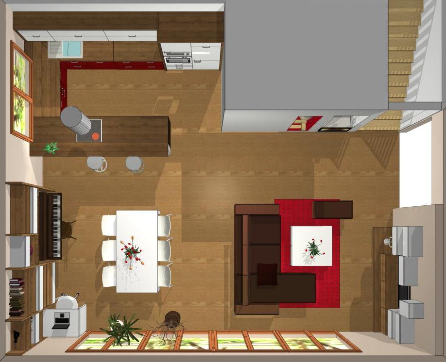 3D návrh interiéru obývacího pokoje s kuchyní úhel 1