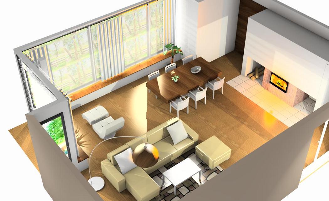 3D návrh interiéru obývacího pokoje s krbem úhel 1