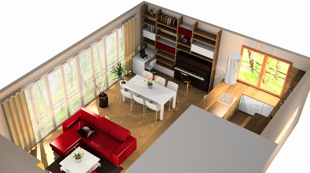 3D návrh interiéru obývacího pokoje s kuchyní úhel 2
