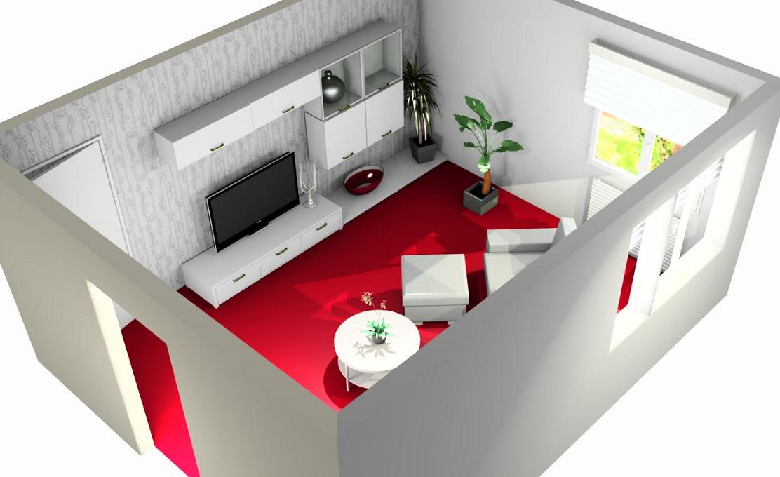 3D návrh interiéru obývacího pokoje se sedací soupravou a televzí