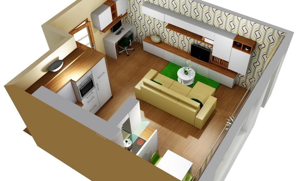 3D návrh interiéru obývacího pokoje s kuchyní a pracovnou úhel 2