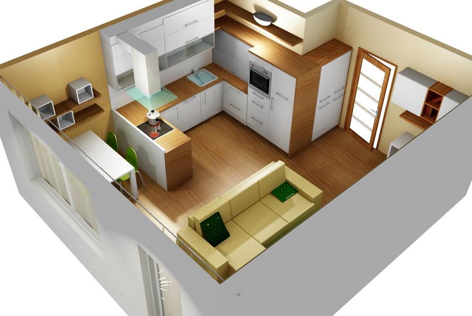 3D návrh interiéru obývacího pokoje s kuchyní a pracovnou úhel 3