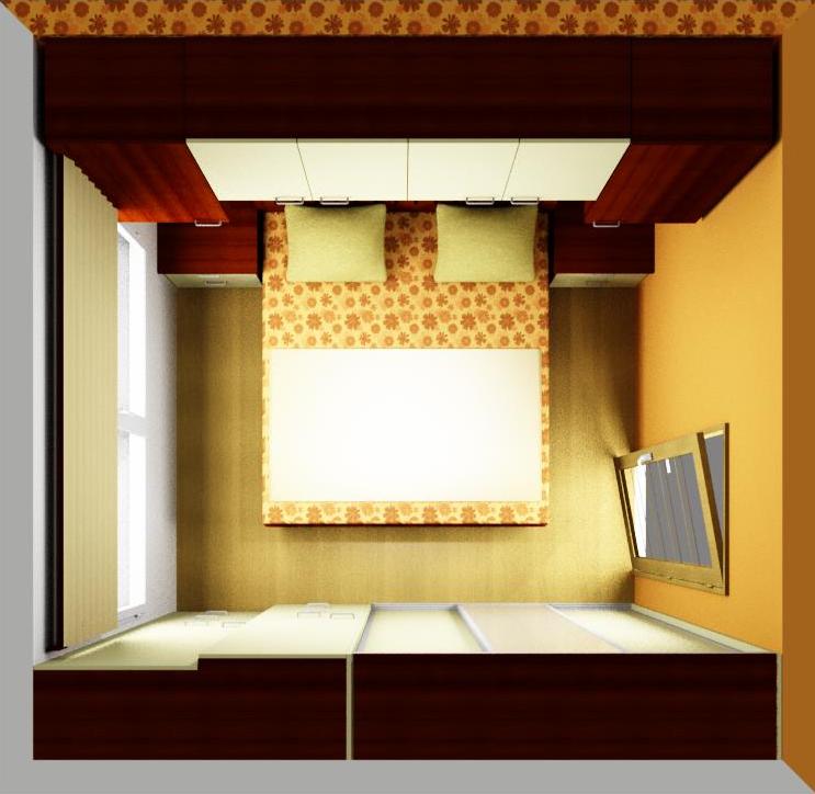 3D návrh interiéru ložnice s postelí a šatní skříní v omezených porostorech úhel 1