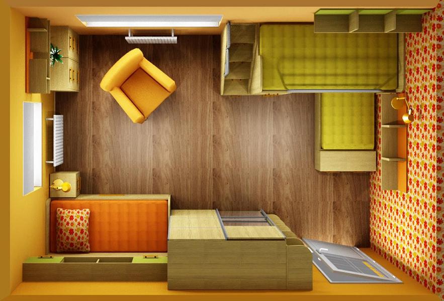 3D návrh interiéru dětského pokoje s palandou a další postelí úhel 1
