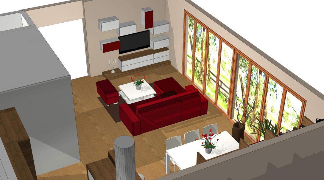 3D návrh interiéru obývacího pokoje s kuchyní úhel 3