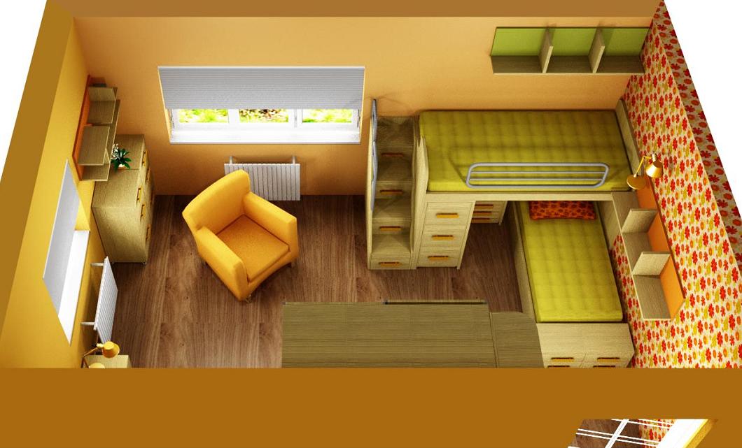 3D návrh interiéru dětského pokoje s palandou a další postelí úhel 2