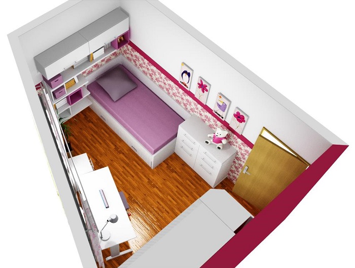 3D návrh interiéru dětského holčičího pokoje s omezeným prostorem úhel 1