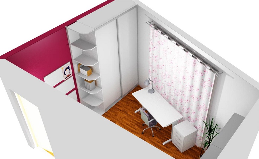 3D návrh interiéru dětského holčičího pokoje s omezeným prostorem úhel 2