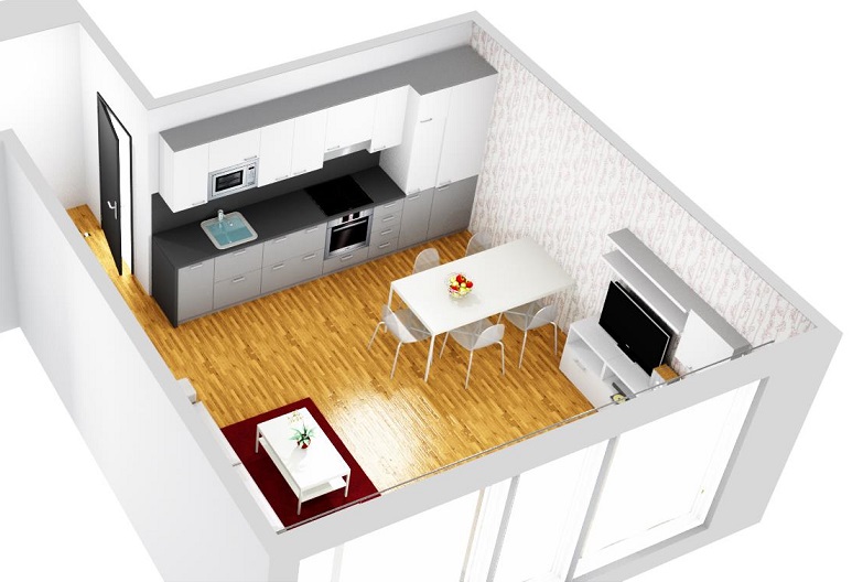 3D návrh interiéru kuchyně s jídelním stolem a sedací soupravou úhel 1