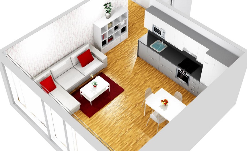 3D návrh interiéru kuchyně s jídelním stolem a sedací soupravou úhel 2