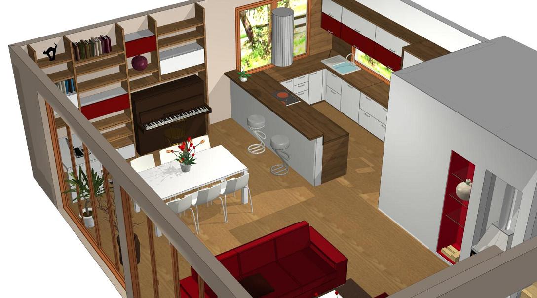 3D návrh interiéru obývacího pokoje s kuchyní úhel 4